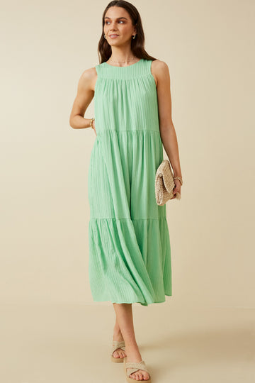 HY7220 Green Womens Textured Stripe Tiered Tank Dress Full Body